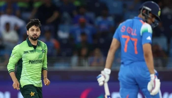 Abrar Ahmed of Pakistan celebrates the wicket of Shubman Gill of India during the ICC Champions Trophy 2025 match between Pakistan and India at Dubai International Cricket Stadium on February 23, 2025 in Dubai, United Arab Emirates. — ICC